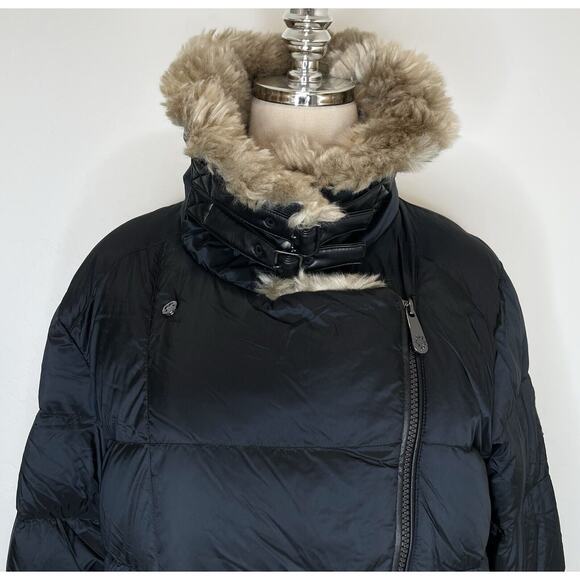 Alp N Rock Duck Down Puffer Coat Faux Fur Womens Large Black Long Buckles Jacket - Picture 2 of 13